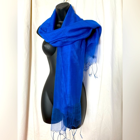 Wool/Silk Royal Blue Elegant Sheer Scarf 27" Wide X 68" Long Plus Fringe - Picture 1 of 5